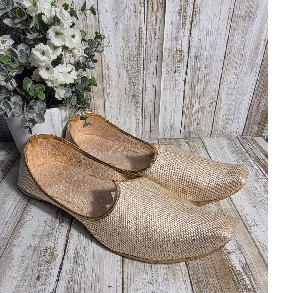 Gold Jutti Mojari Flats Woven Champagne Metallic Traditional Indian Wedding Shoe